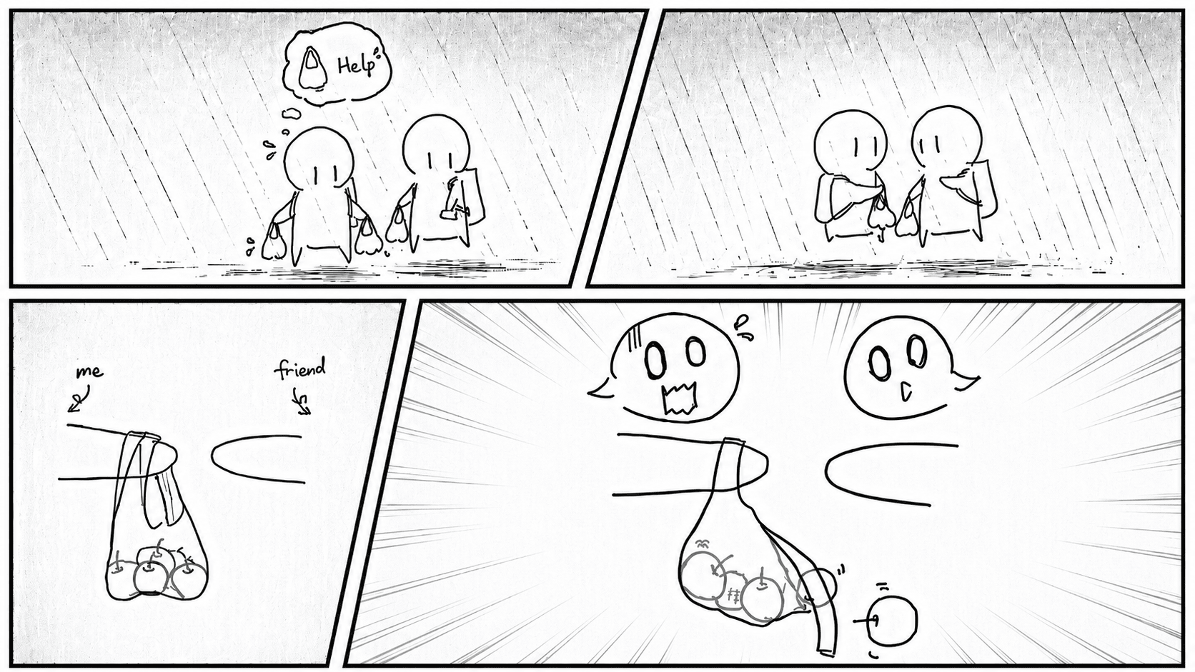 Sketch of a bag handoff going wrong and fruit rolling onto the sidewalk