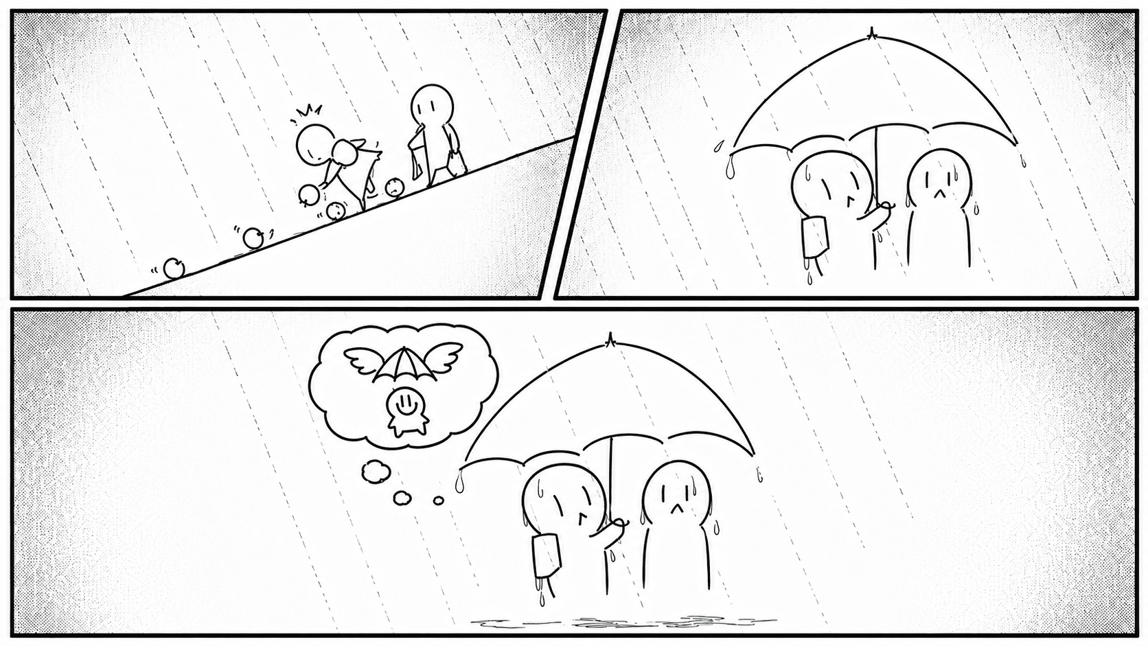 Sketch sequence of chasing fruit, finally opening the umbrella, and imagining it flying overhead