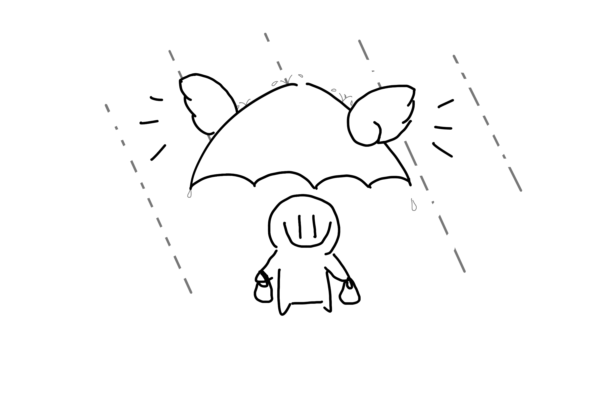 Hand-drawn illustration of a flying umbrella hovering above a person