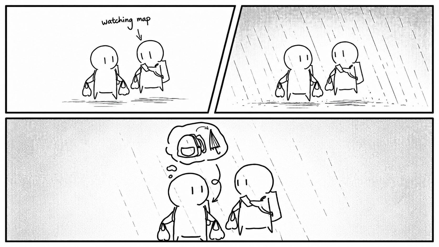 Three-panel sketch showing a grocery walk, sudden rain, and the first thought of a flying umbrella
