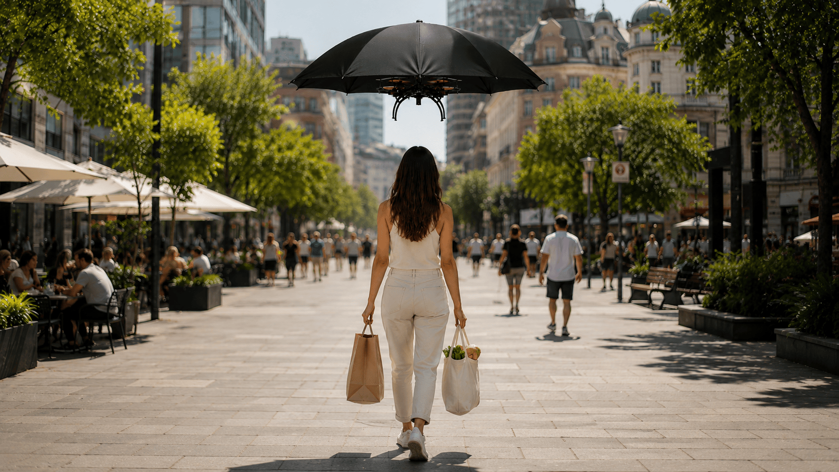 Concept image of a floating umbrella following a person carrying groceries on a city street