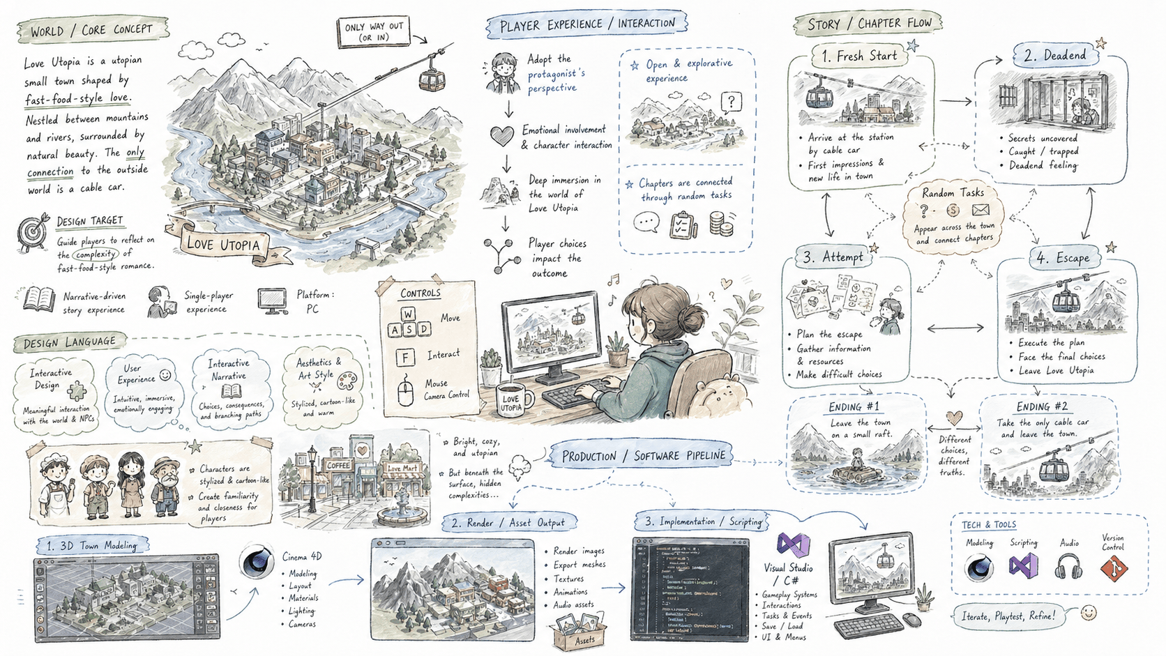 Planning board for Love Utopia covering the setting, story structure, interaction, and production direction