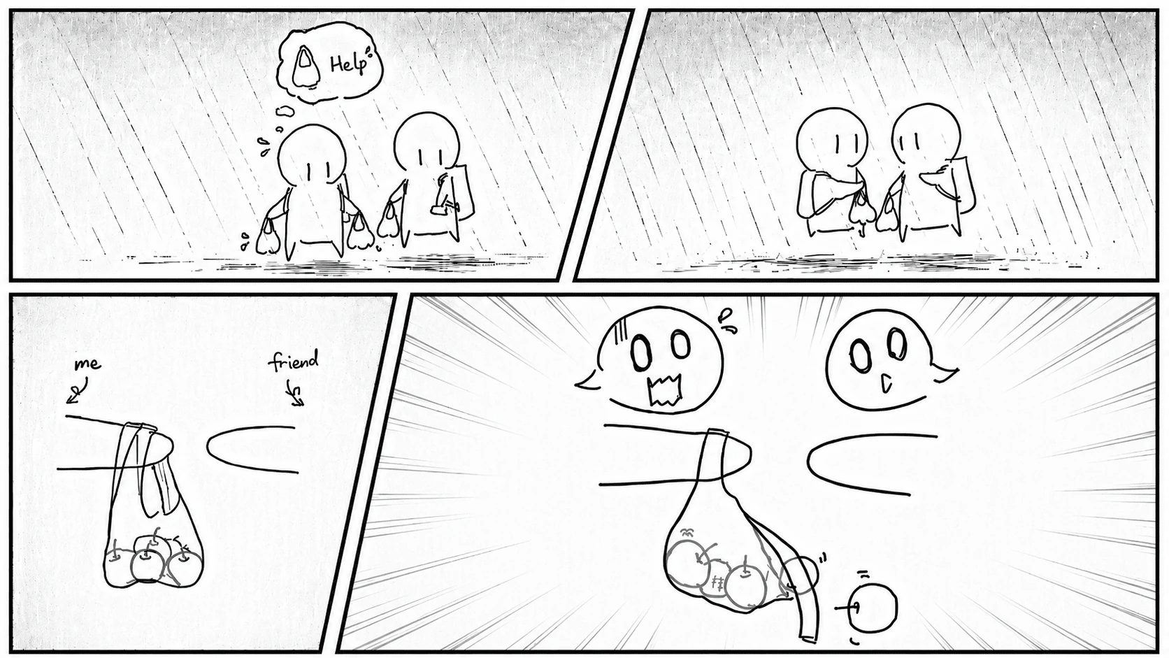 Sketch of a bag handoff going wrong and fruit rolling onto the sidewalk