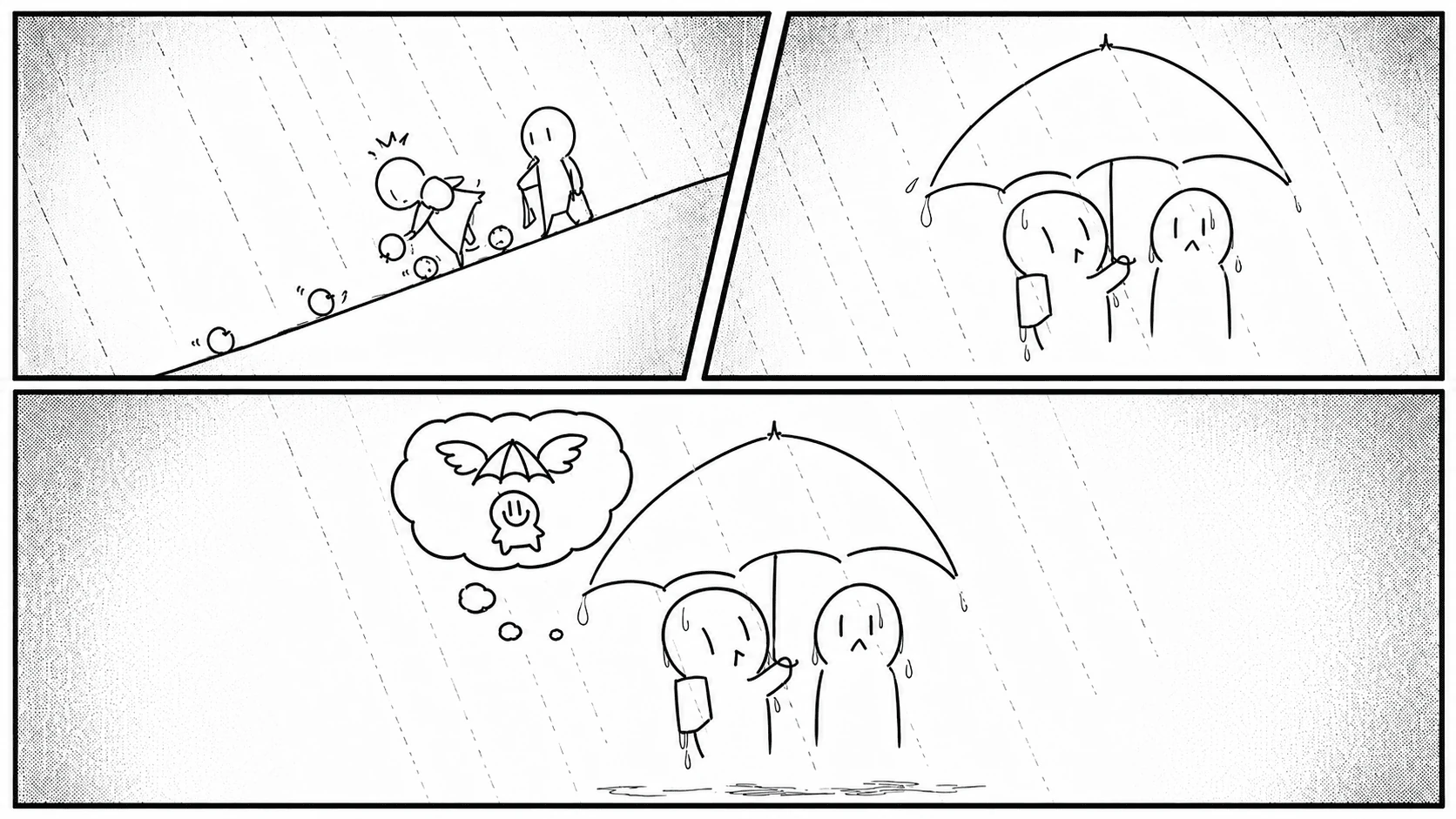 Sketch sequence of chasing fruit, opening the umbrella, and imagining it flying overhead