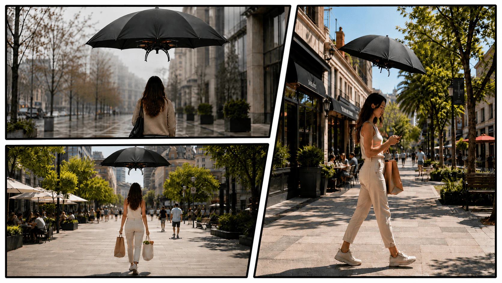 Floating Umbrella scenarios for rain, sun, and city movement
