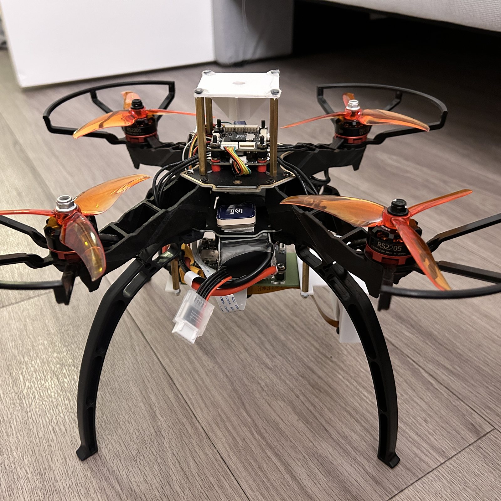 Rebuilt quadcopter frame with the canopy socket tower on top