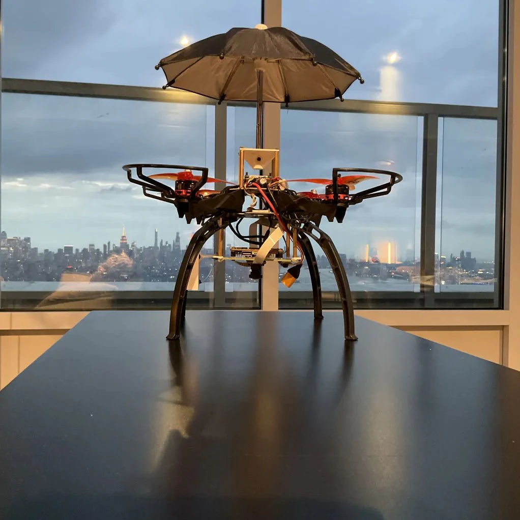 An umbrella plugged into the socket with the Manhattan skyline behind
