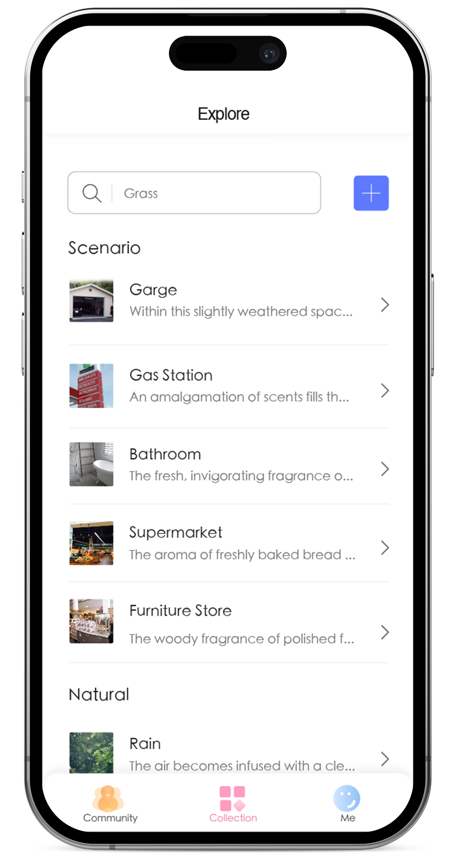 Explore screen with the scent library organized by scene