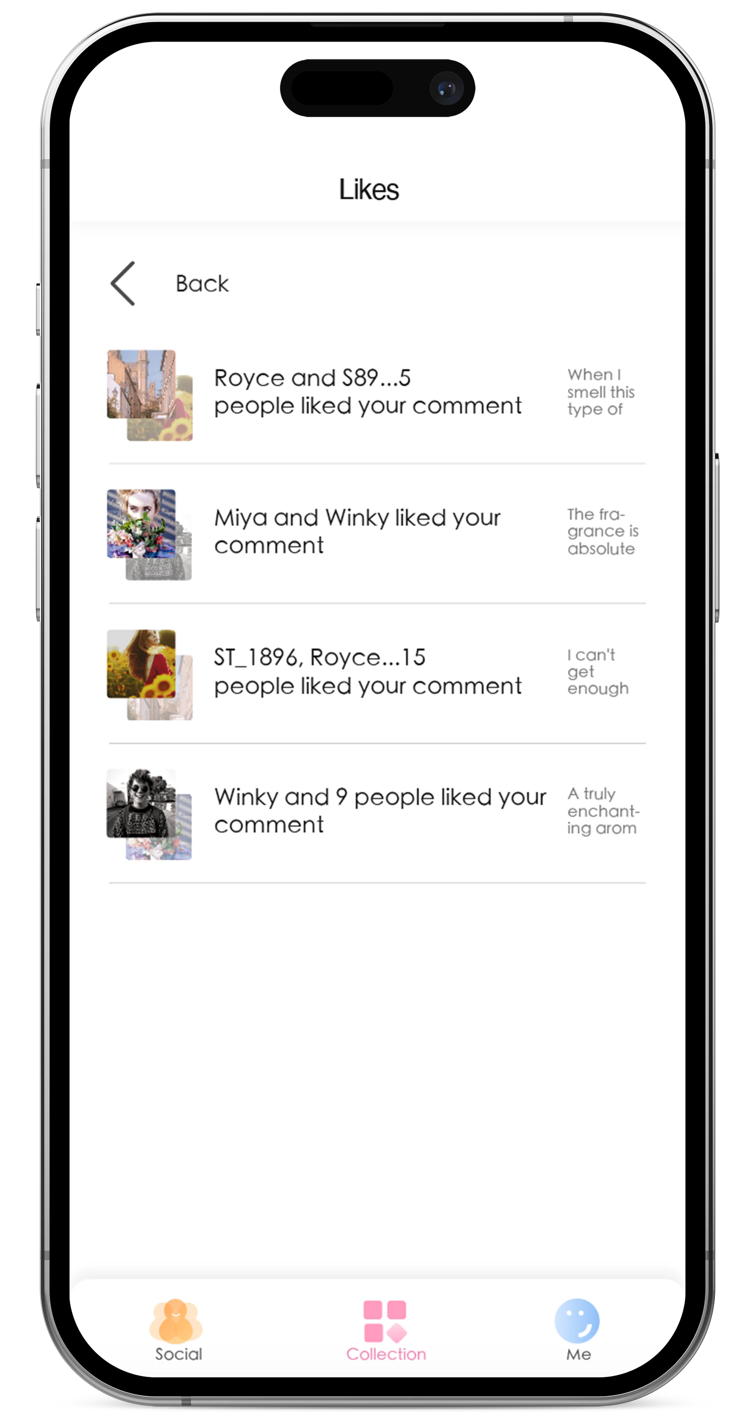 Likes screen showing reactions to shared scents